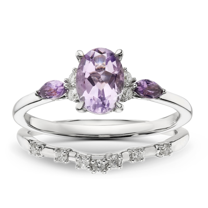 Perfect 9ct White 0.12ct Diamond & Rose De France Amethyst Oval Bridal Set