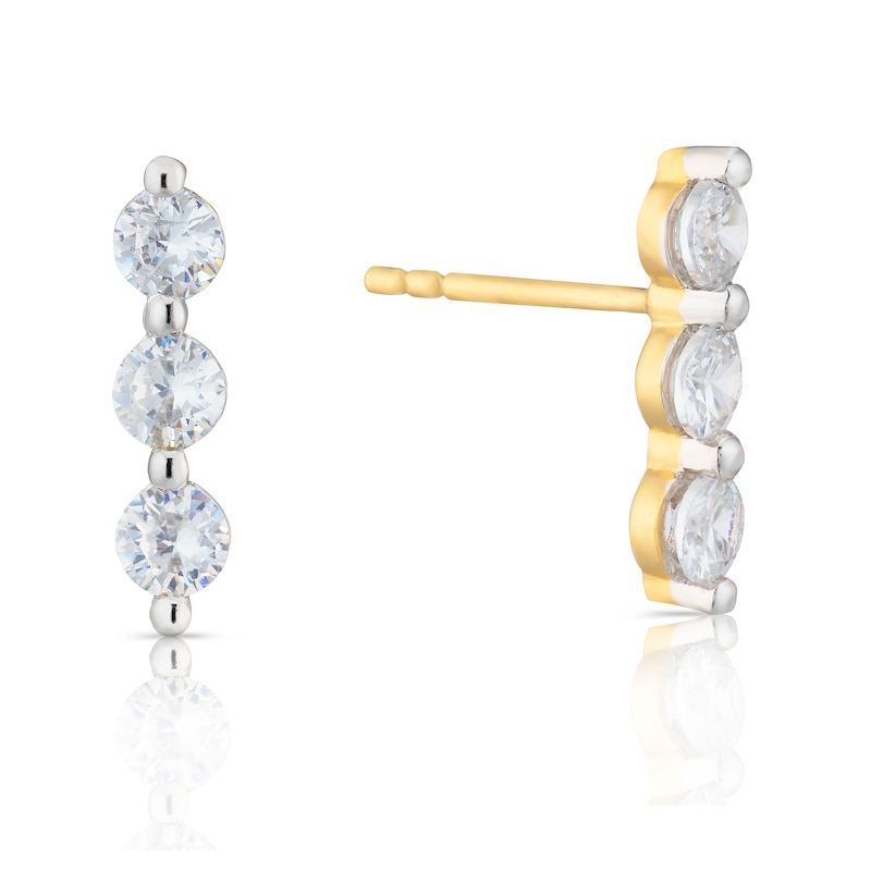 Main Image 1 of 9ct Yellow Gold & Cubic Zirconia 3-Stone Bar Stud Earrings
