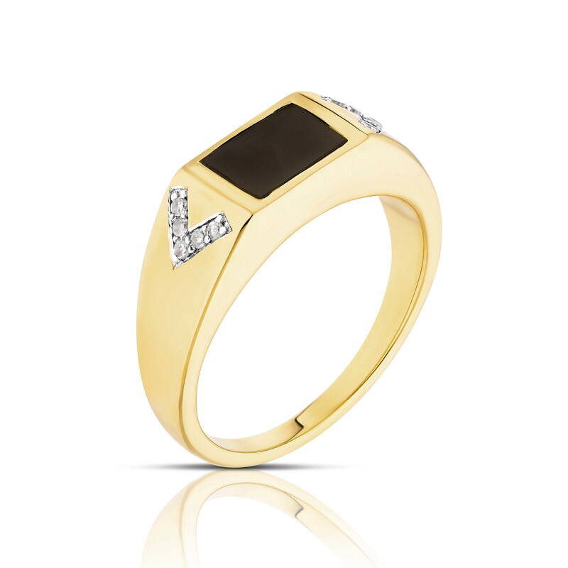 Main Image 2 of Men's Sterling Silver & 18ct Gold Plated Vermeil Onyx Diamond Signet Ring