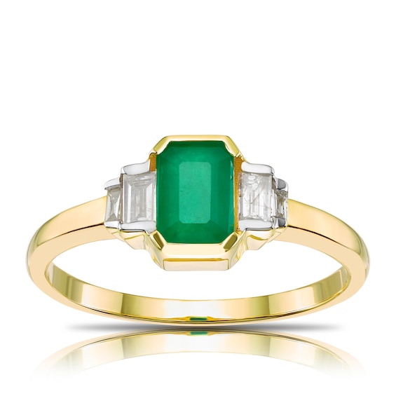 9ct Yellow Gold Octagonal Emerald and 0.13ct Diamond Ring