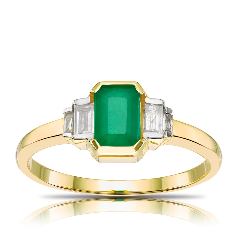 Main Image 1 of 9ct Yellow Gold Octagonal Emerald & 0.13ct Diamond Ring