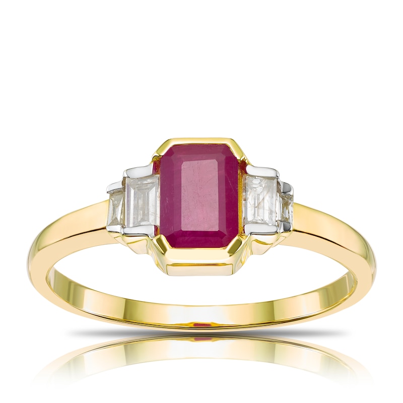 9ct Yellow Gold Radiant Shaped Ruby & 0.13ct Diamond Ring