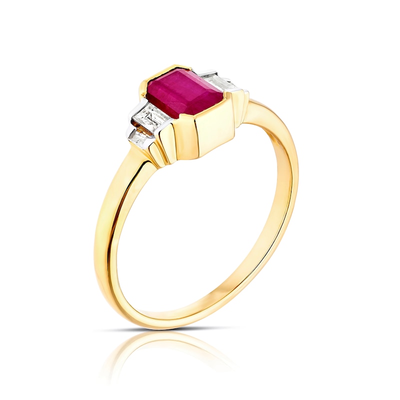 9ct Yellow Gold Radiant Shaped Ruby & 0.13ct Diamond Ring