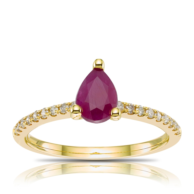 9ct Yellow Gold Red Ruby & 0.15ct Diamond Ring