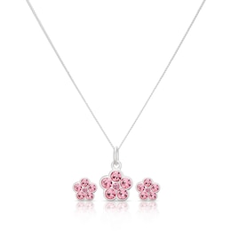 Children's Sterling Silver Pink Crystal Flower Pendant & Earrings Set