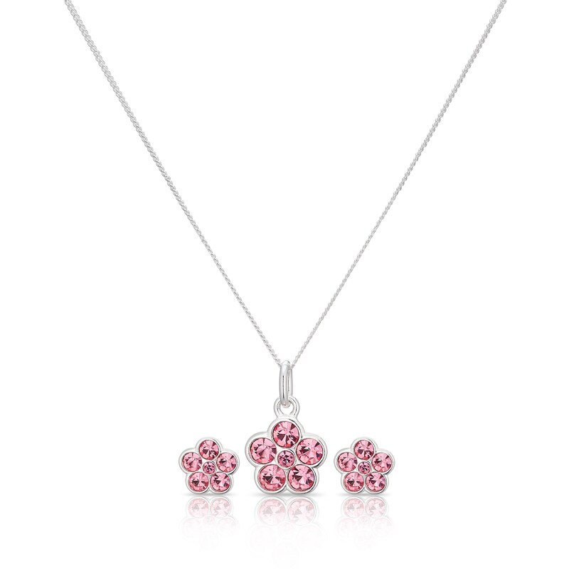 Main Image 1 of Children's Sterling Silver Pink Crystal Flower Pendant & Earrings Set