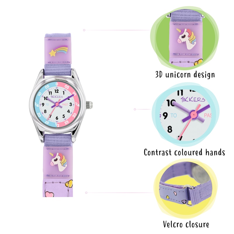 Tikkers Girls Purple Fabric Rip Strap Unicorn Watch