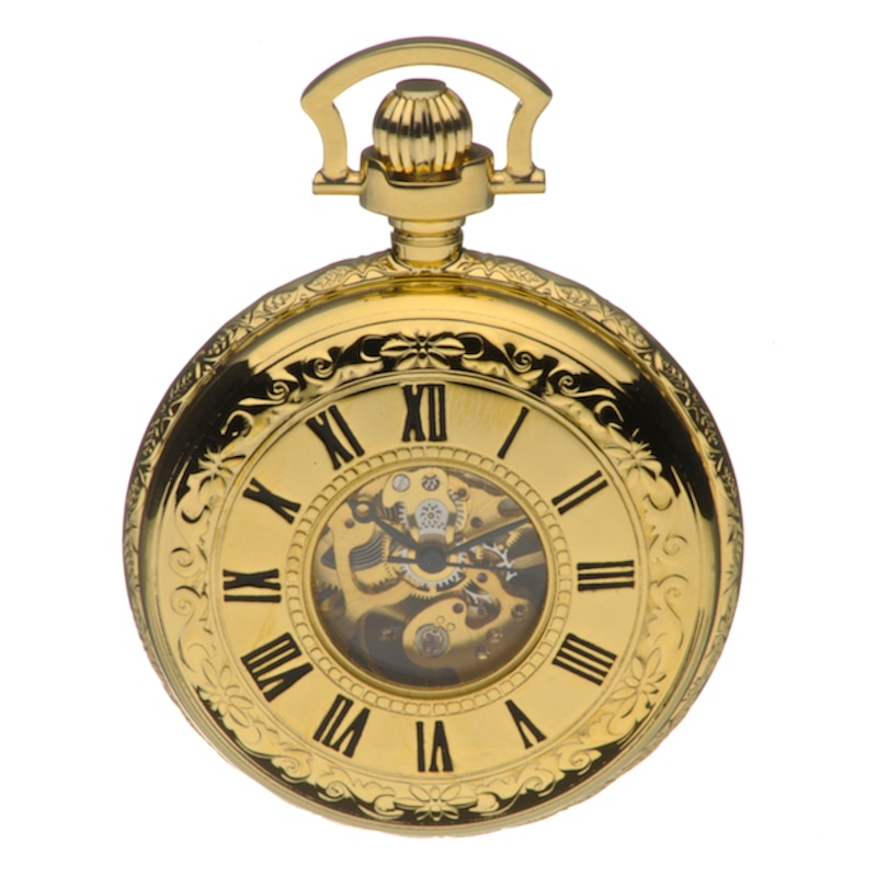 Half Skeleton Gold-Plated Pocket Watch