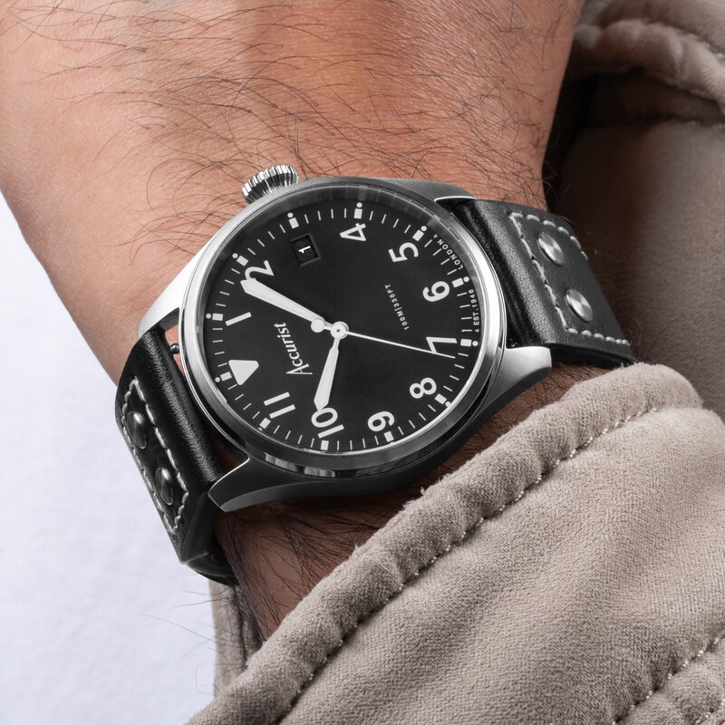 Main Image 9 of Accurist Men's Aviation 41mm Dial Black Leather Strap Watch