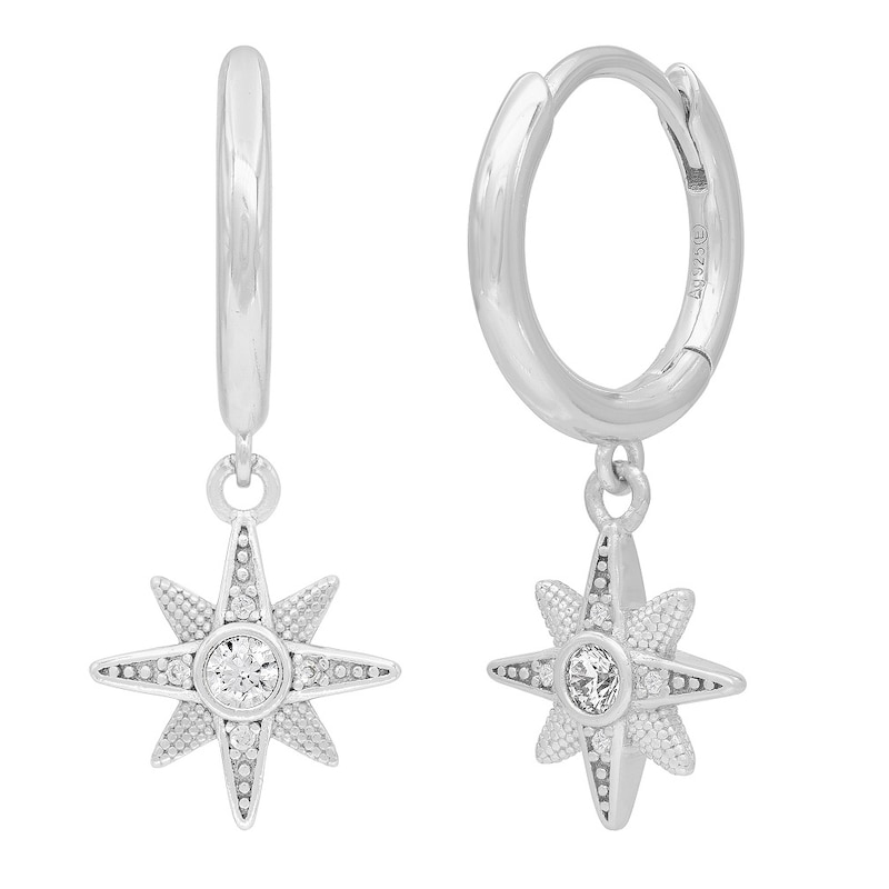 Angel Whisperer Sterling Silver CZ New Star Hoop Earrings