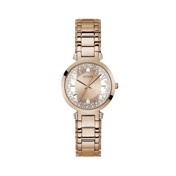 Guess Ladies Clear Crystal Dial Rose Gold Tone Bracelet Watch