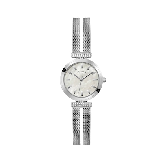 Guess Women's Mother of Pearl Dial Silver Tone Mesh Strap Watch