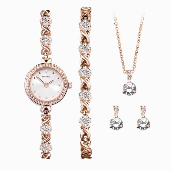 Sekonda Women's Rose Gold Plated Stone Set Watch and Jewellery Gift Set
