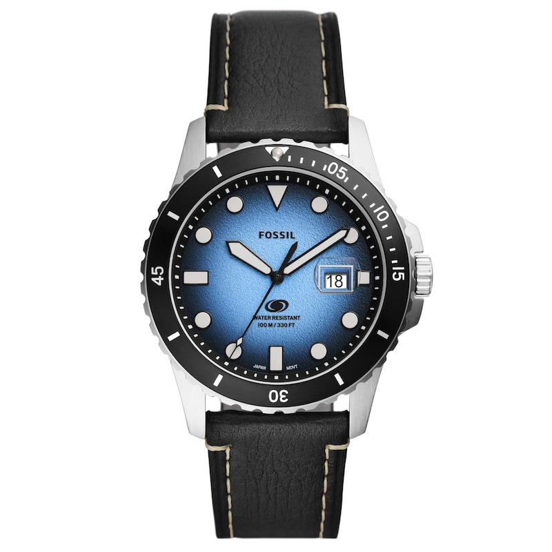 Fossil Blue Men's Black Leather Strap Watch