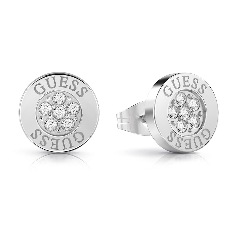 GUESS Party Rhodium Plated Crystal Button Stud Earrings