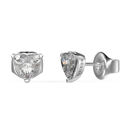 GUESS Party Rhodium Plated Crystal Heart Stud Earrings