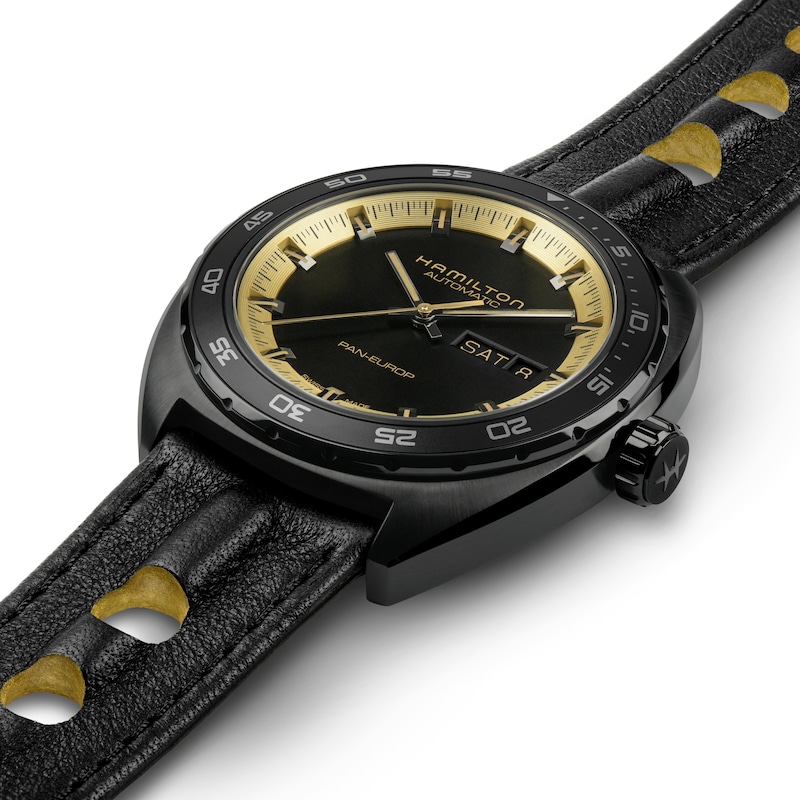 Hamilton Pan Europ Day Date Auto Leather Black Strap Watch