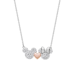 Disney Sterling Silver CZ Pavé Mickey & Minnie Mouse Heart Necklace