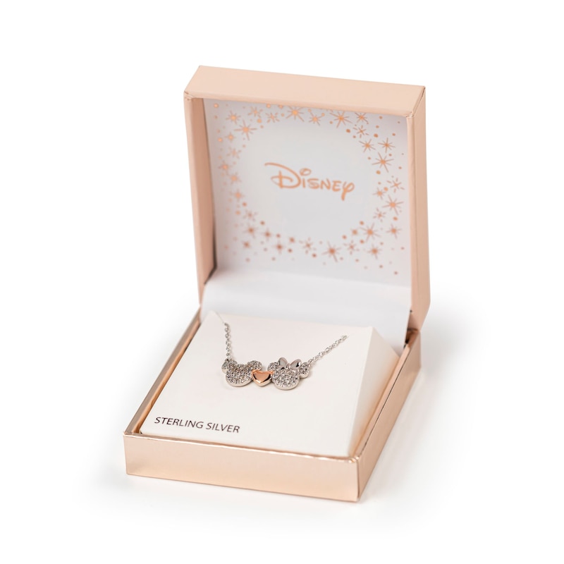 Main Image 2 of Disney Sterling Silver CZ Pavé Mickey & Minnie Mouse Heart Necklace