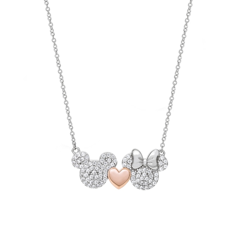 Main Image 3 of Disney Sterling Silver CZ Pavé Mickey & Minnie Mouse Heart Necklace