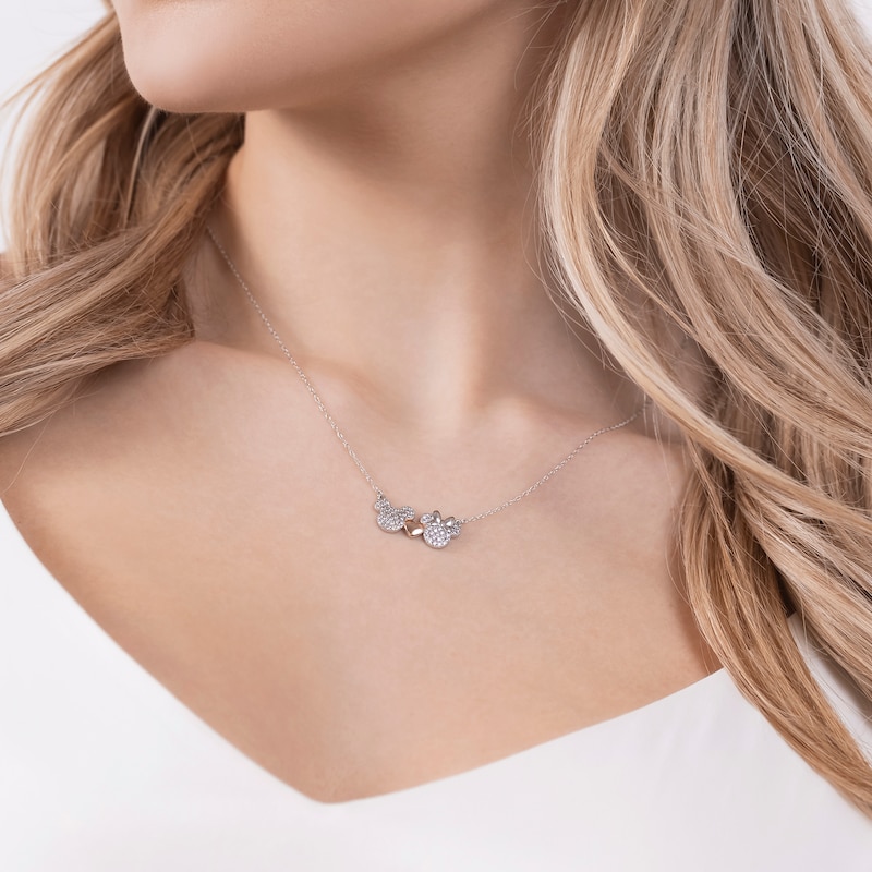 Main Image 4 of Disney Sterling Silver CZ Pavé Mickey & Minnie Mouse Heart Necklace
