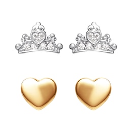 Disney Princess Sterling Silver CZ Crown & Heart Stud Earrings Set