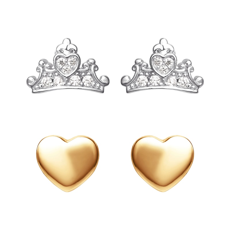 Main Image 1 of Disney Princess Sterling Silver CZ Crown & Heart Stud Earrings Set