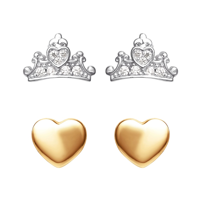 Disney Princess Silver CZ Crown & Heart Stud Earrings Set