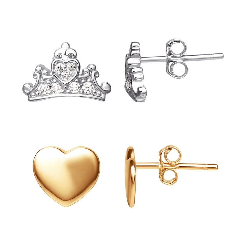 Disney Princess Silver CZ Crown & Heart Stud Earrings Set