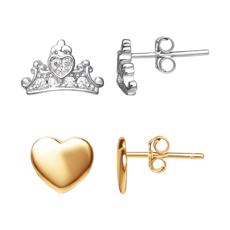 Main Image 2 of Disney Princess Sterling Silver CZ Crown & Heart Stud Earrings Set