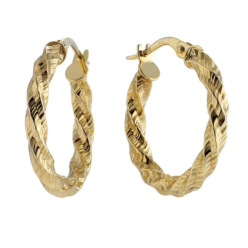 Main Image 1 of 9ct Yellow Gold Diamond Cut Twist 15mm Hoop Earrings