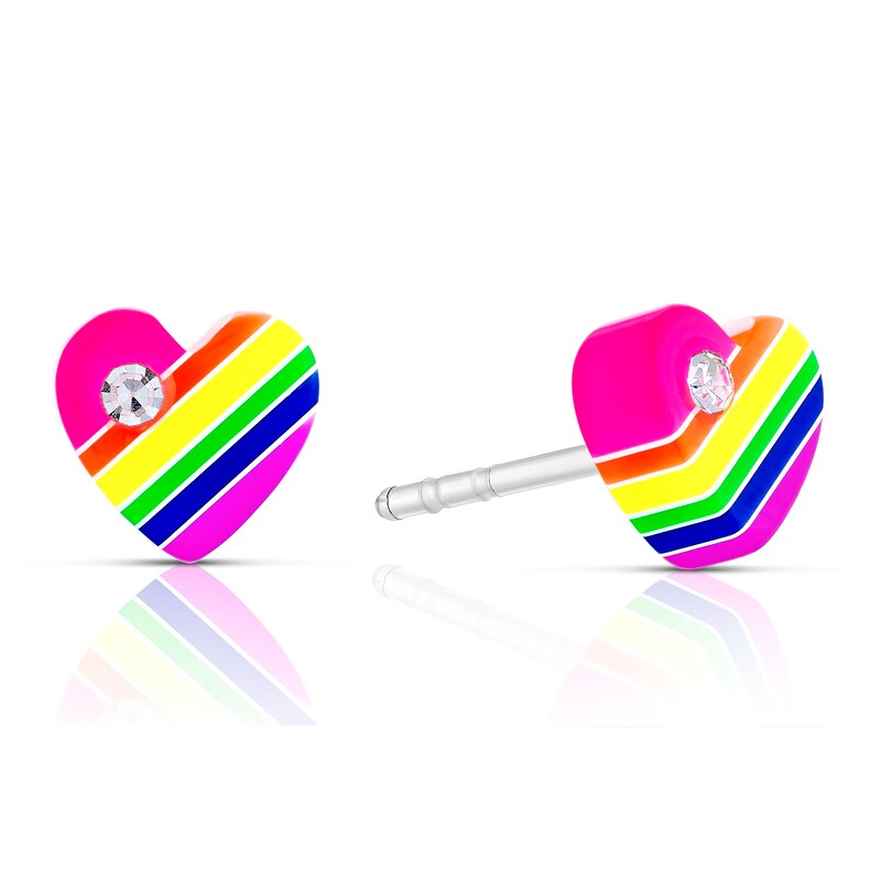 Children's Silver Rainbow Resin Crystal Heart Stud Earrings