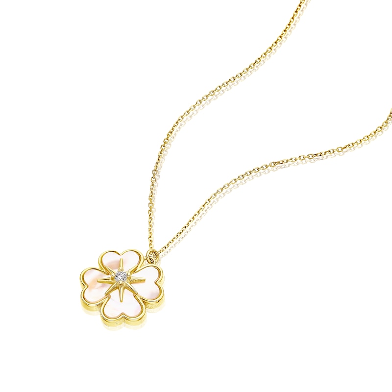 Main Image 2 of 9ct Yellow Gold Mother Of Pearl & CZ Clover Necklace