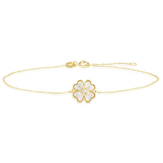 9ct Yellow Gold Mother Of Pearl and CZ Clover Bracelet