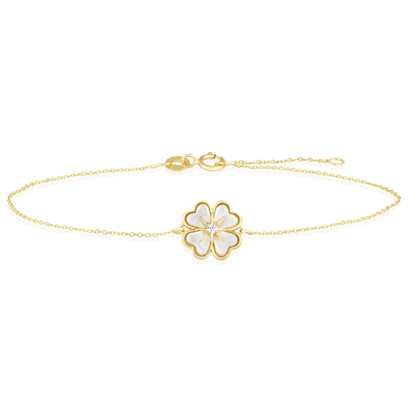 9ct Yellow Gold Mother Of Pearl & CZ Clover Bracelet