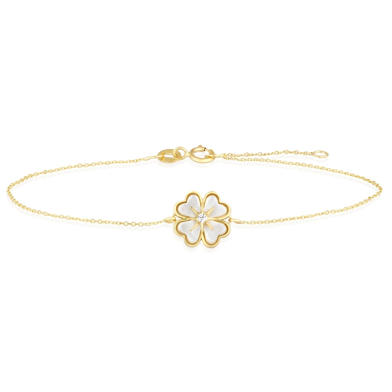Main Image 1 of 9ct Yellow Gold Mother Of Pearl & CZ Clover Bracelet