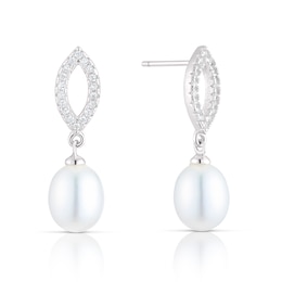 Sterling Silver Pearl & Cubic Zirconia Marquise Earrings