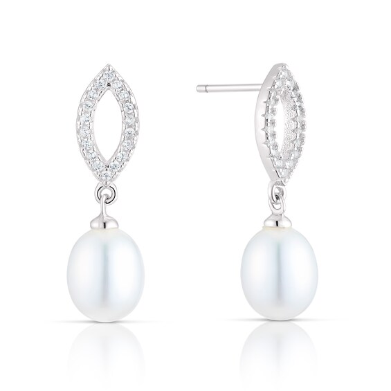 Sterling Silver Pearl and Cubic Zirconia Marquise Earrings