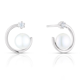 Sterling Silver Pearl & Cubic Zirconia Circle Stud Earrings