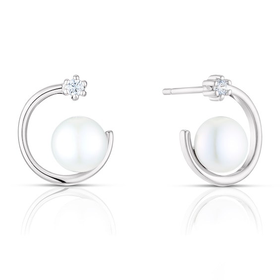 Sterling Silver Pearl and Cubic Zirconia Circle Stud Earrings