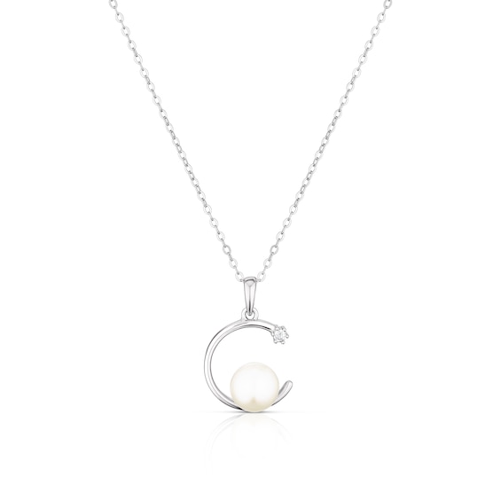 Sterling Silver Pearl and Cubic Zirconia Open Circle Pendant