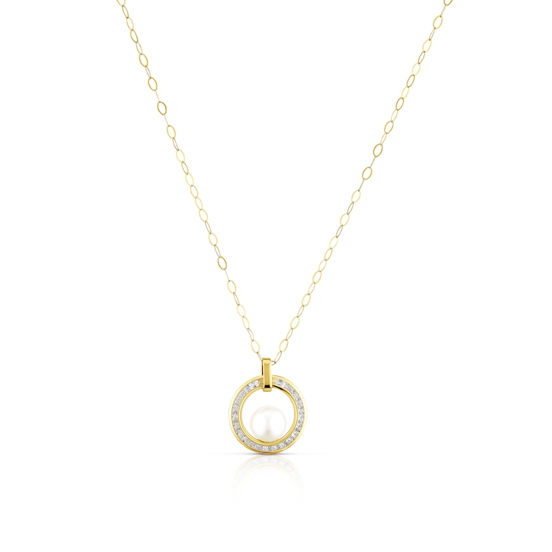 Main Image 1 of 9ct Yellow Gold Pearl & Cubic Zirconia Circle Pendant