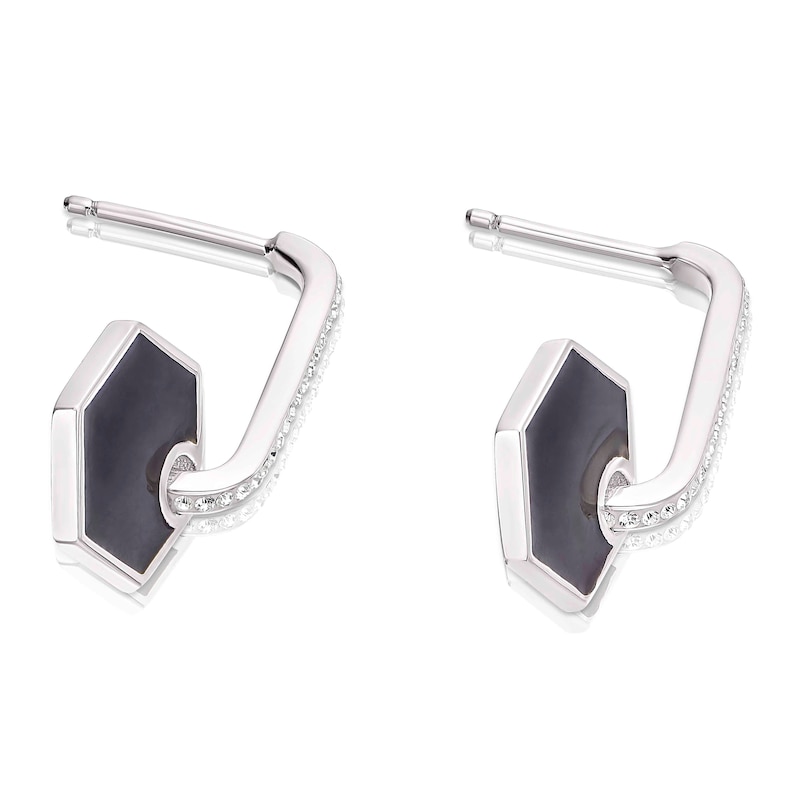 Sterling Silver Crystal Black Enamel Hexagon Drop Earrings