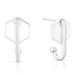 Sterling Silver Crystal White Hexagon Drop Hoop Earrings