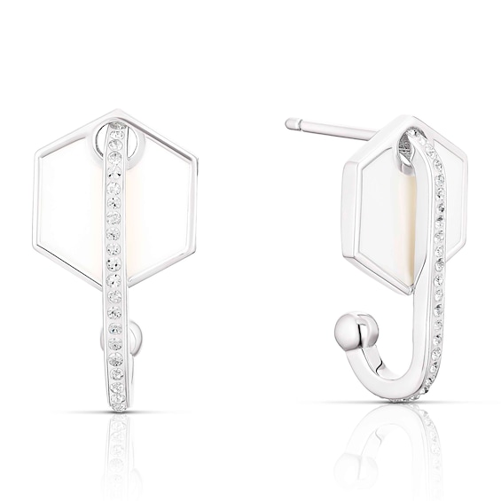 Sterling Silver Crystal White Hexagon Drop Hoop Earrings