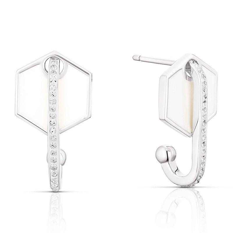 Main Image 1 of Sterling Silver Crystal White Hexagon Drop Hoop Earrings