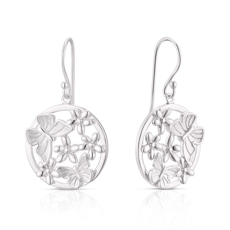 Main Image 1 of Sterling Silver Butterfly & Flower Drop Earrings
