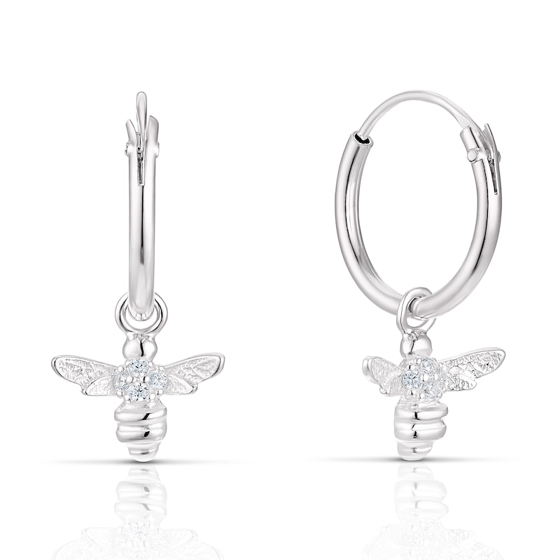 Main Image 1 of Sterling Silver Cubic Zirconia Bee Drop Hoop Earrings