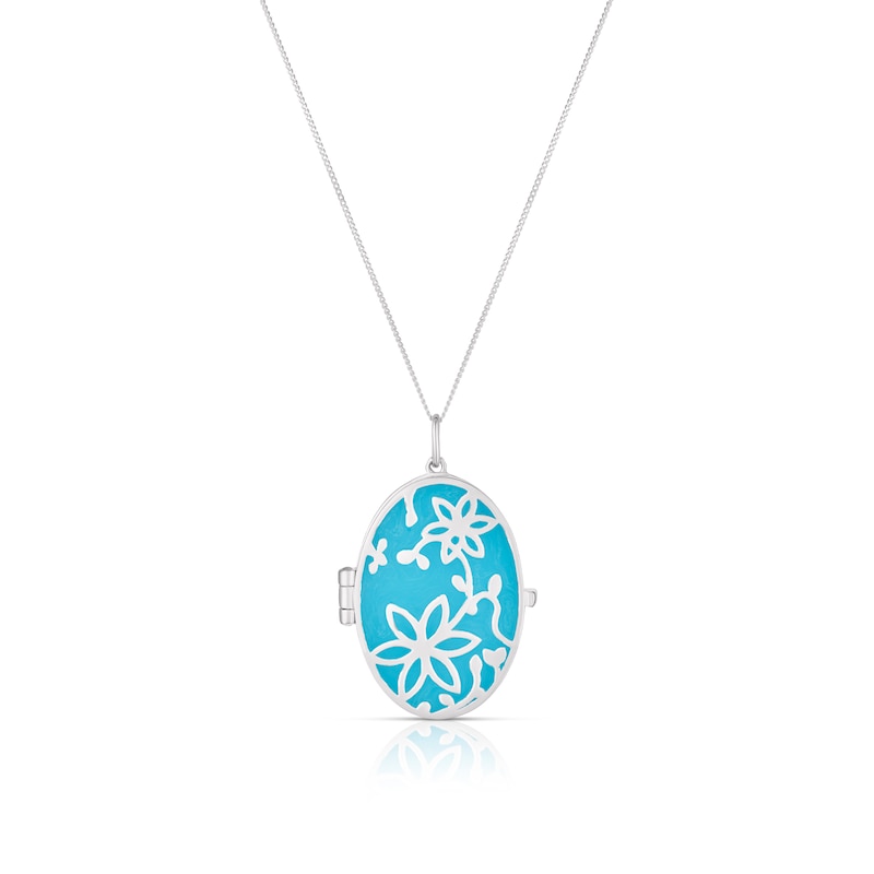 Main Image 1 of Sterling Silver Blue Enamel Floral Locket