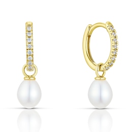 9ct Yellow Gold Pearl & Cubic Zirconia Hoop Drop Earrings